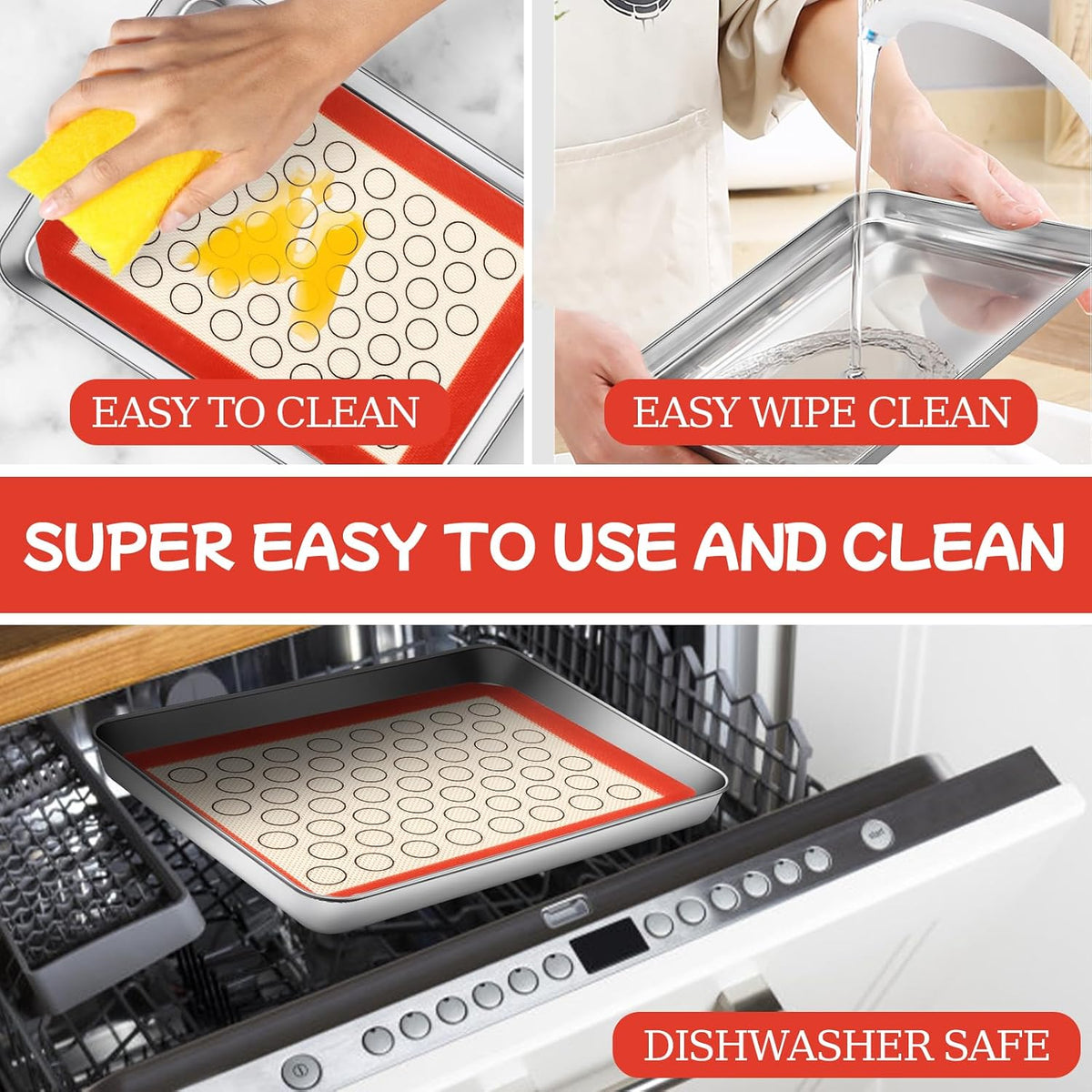 Baking Sheet with Silicone Baking Mat Set, Stainless Steel 3 Pans + 3 Mats | 9/10/12 Inches Cookie Sheets for Baking, CEKEE Baking Sheet Pan Set, Heavy Duty Design for Baking, Roasting and Cooking