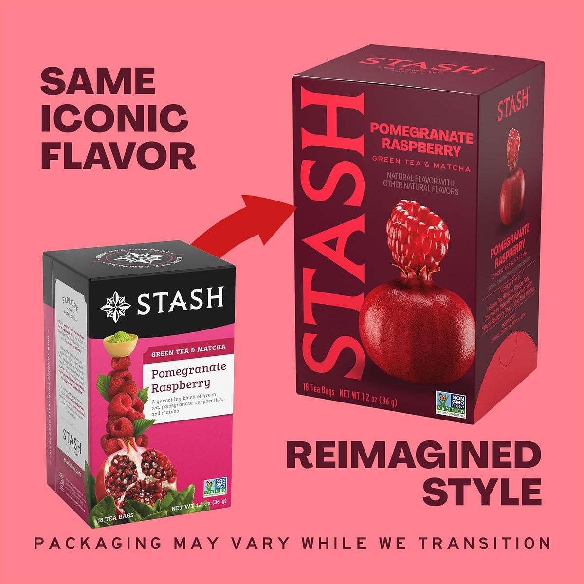 Stash Tea Pomegranate Raspberry &amp; Matcha Green Tea - Caffeinated, Non-GMO Project Verified Premium Tea with No Artificial Ingredients, 18 Count (Pack of 6) - 108 Bags Total