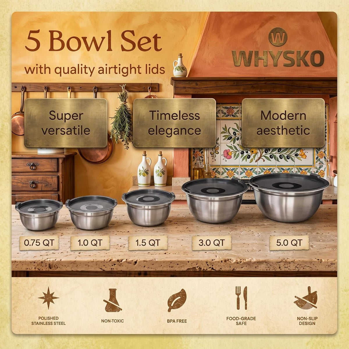 Stainless Steel Mixing Bowls with Lids, 5-Piece Nesting Set | Set includes 5, 3, 1.5, 1 &amp; .75 Quart Dishwasher Safe Metal Bowls for Kitchen, Meal Prep, Baking, Cooking, Storage