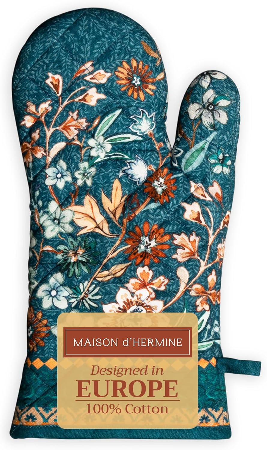 Maison d' Hermine Oven Gloves 100% Cotton Oven Mitt 7" x 13" with Loop Heat Resistant, BBQ, Cooking Gloves, Baking, Grilling, Kitchen, Handling Hot Pans (Pack of 1, Luxury Loft-Dark Teal)