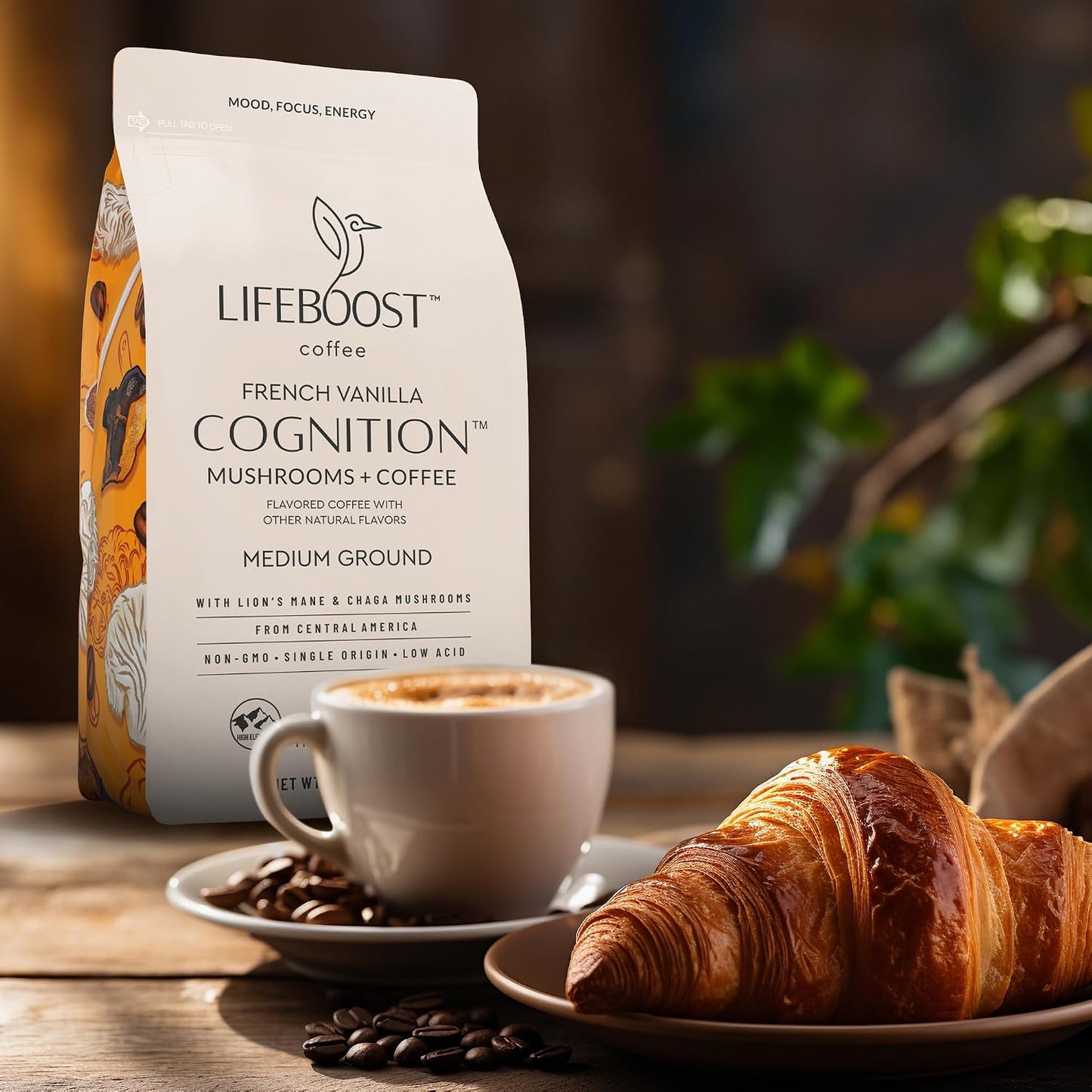 Lifeboost French Vanilla Cognition Mushroom Coffee - Low Acid Medium Organic Coffee with Nootropic Lions Mane &amp; Chaga Mushrooms - Increase Energy, Boost Focus &amp; Immune Support - 12 oz Bag - Ground