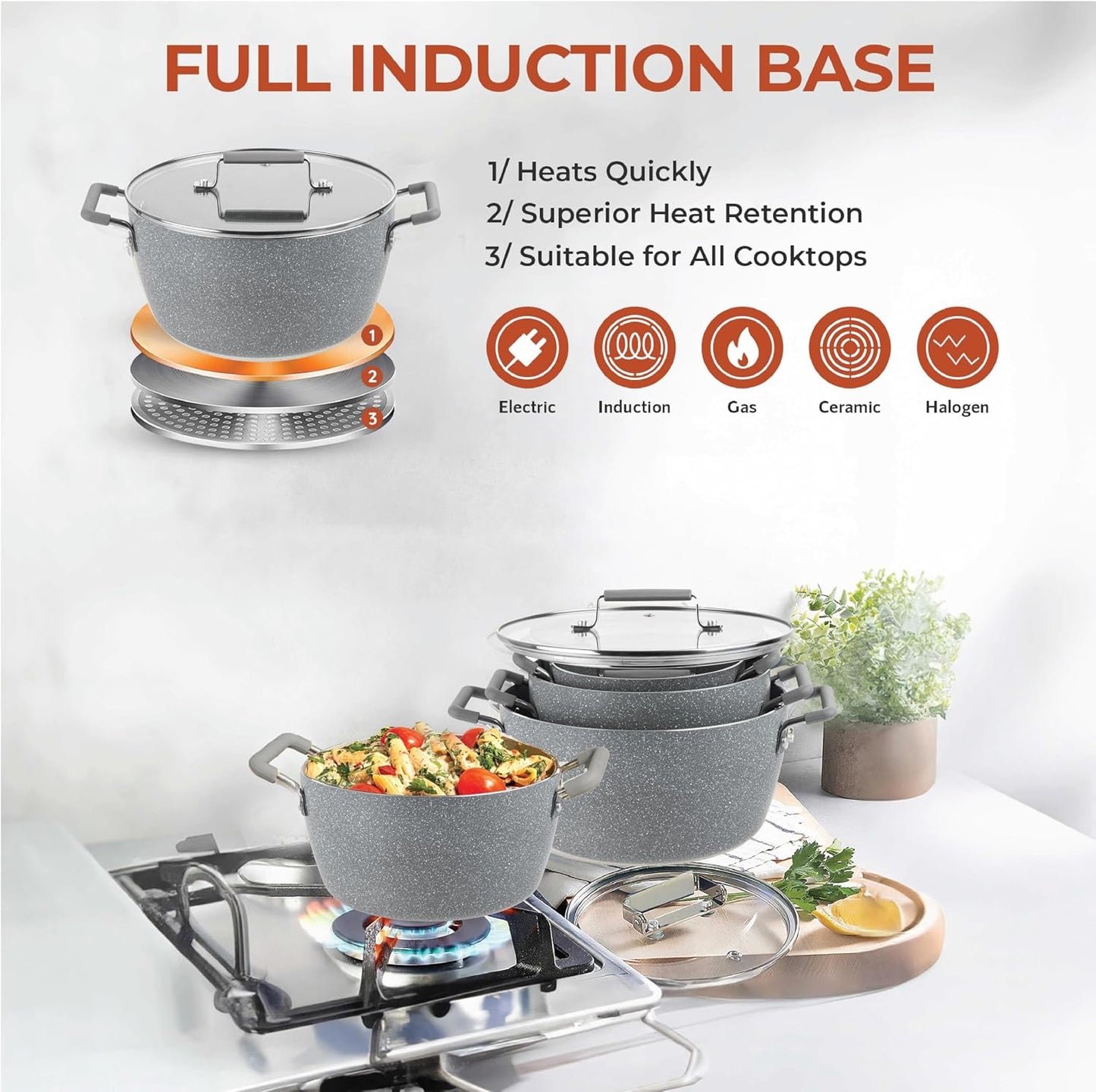 Granitestone Gray Pots and Pans Set Nonstick, 6 Stackable Piece Cooking Pots Set, Kitchen Pots, Non Stick Coating, 5qt 3