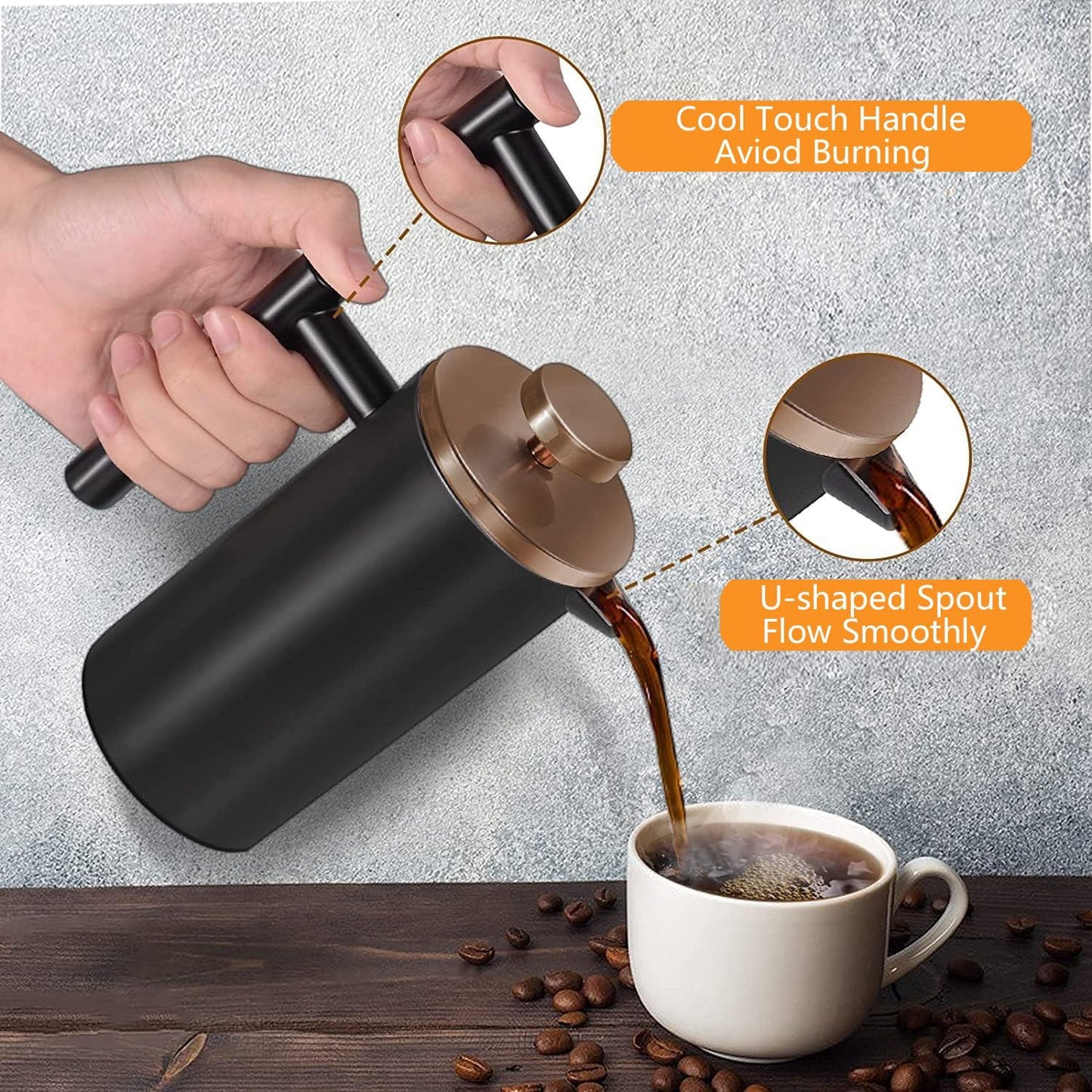 Small French Press Coffee Maker 350ml/12oz, Black Stainless Steel Double-Wall Insulated, Included 2 Extra Filters and 1 Coffee Spoon (1 Cup)