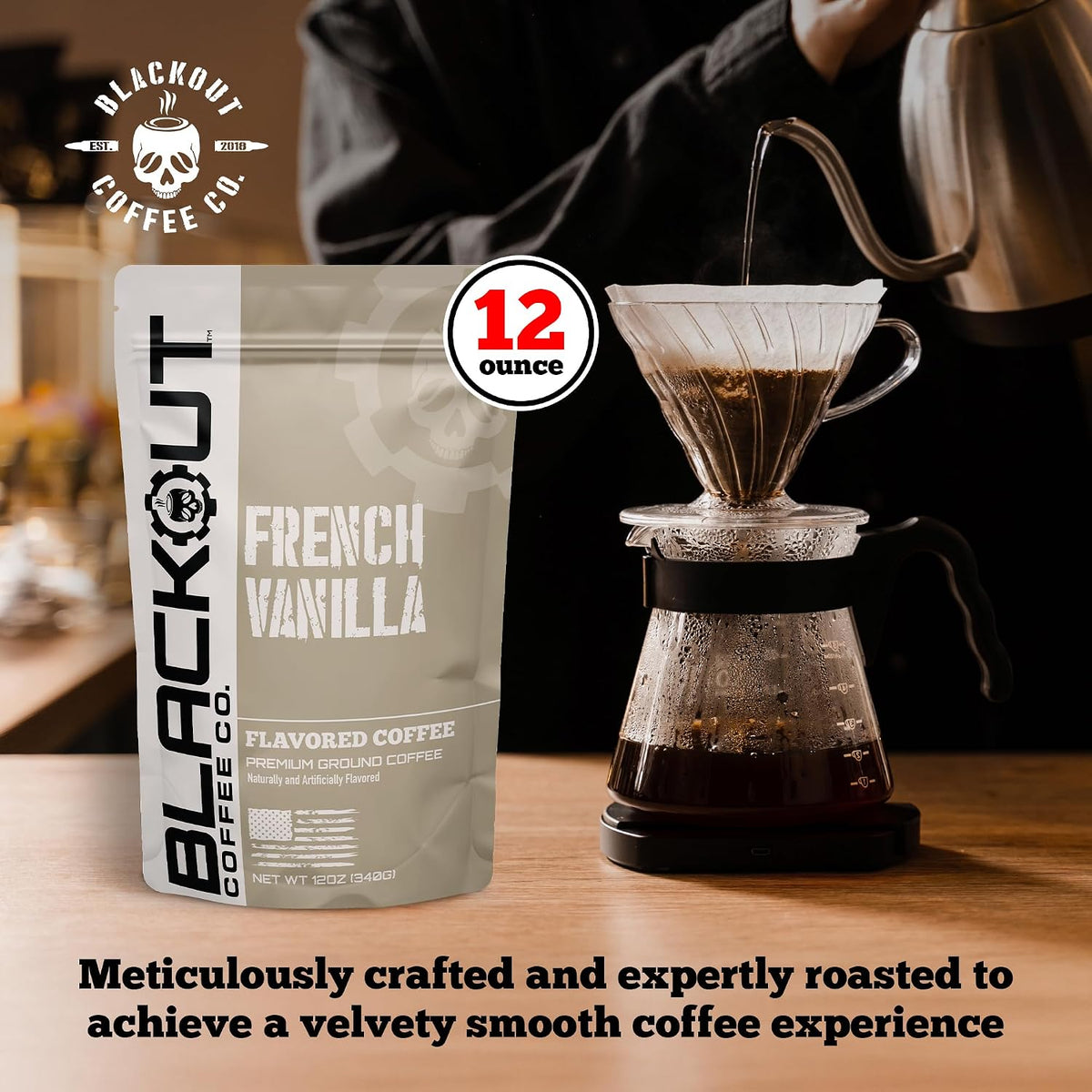 Blackout Coffee Ground Coffee – Freshly Roasted 12oz Bag. (French Vanilla, Medium Roast)