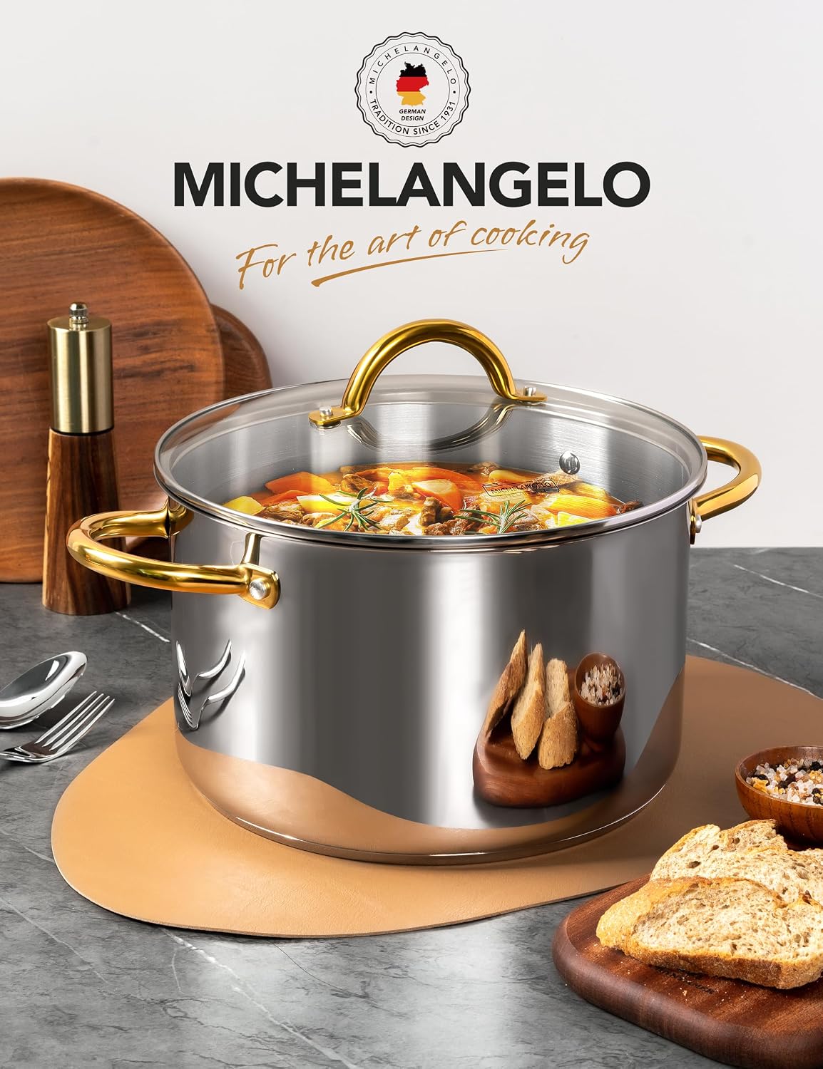 MICHELANGELO Stainless Steel Stock Pot - 8 Quart With Lid, Induction Compatible, Riveted Handle, Oven & Dishwasher Safe