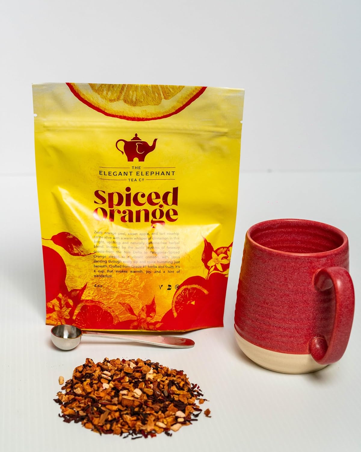 Spiced Orange Tea, Loose Leaf Herbal Tea – Sweet, Spicy, Caffeine-Free – Orange, Apple &amp; Cinnamon Spice – Drink Hot or Iced – 4 oz Resealable Bag (Makes 50 Cups) – The Elegant Elephant
