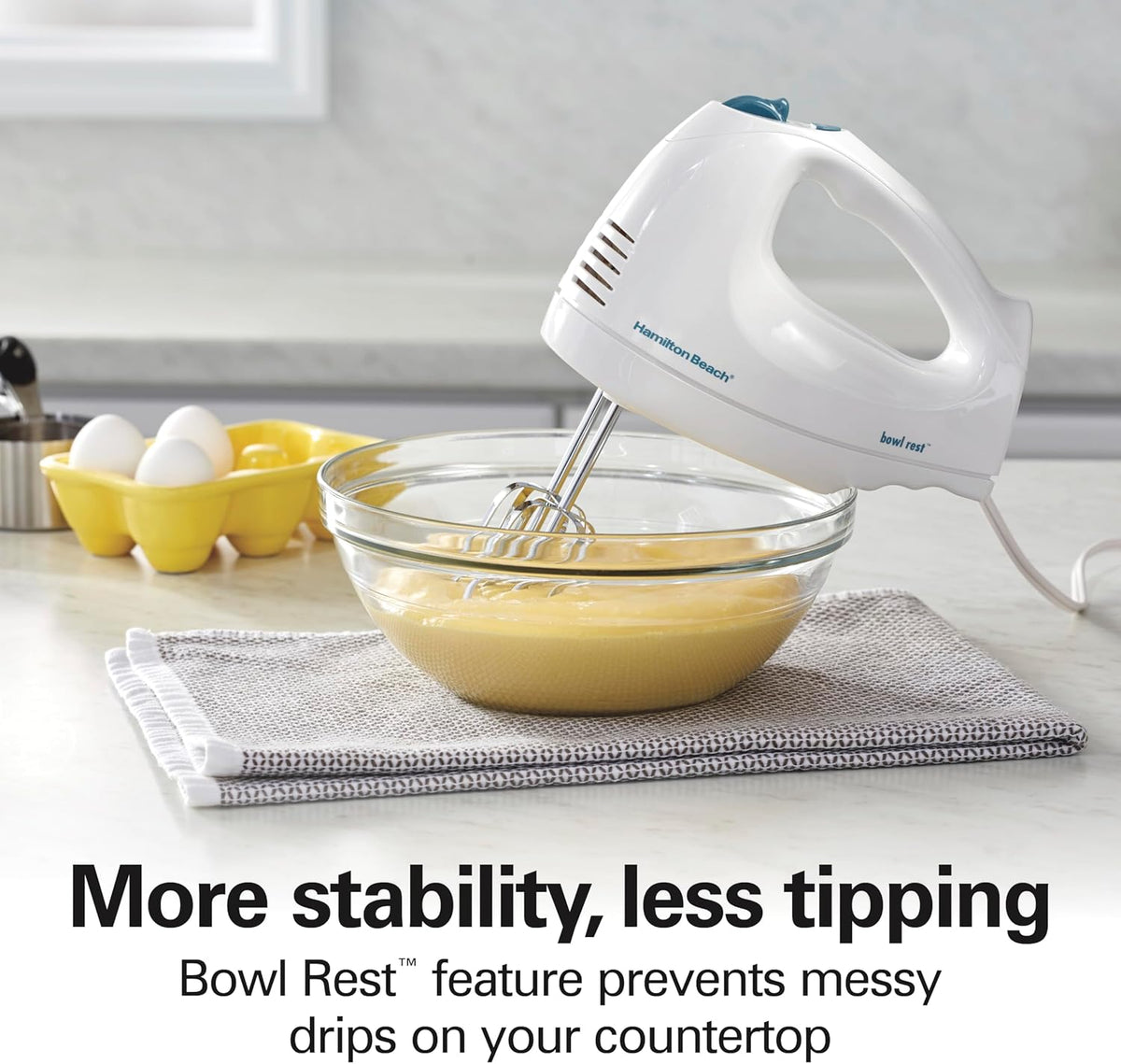 Hamilton Beach 6-Speed Electric Hand Mixer With QuickBurst and Bowl Rest | Powerful 250 Watt Motor | Traditional Beaters | Snap-On Storage Case | White | 62682G