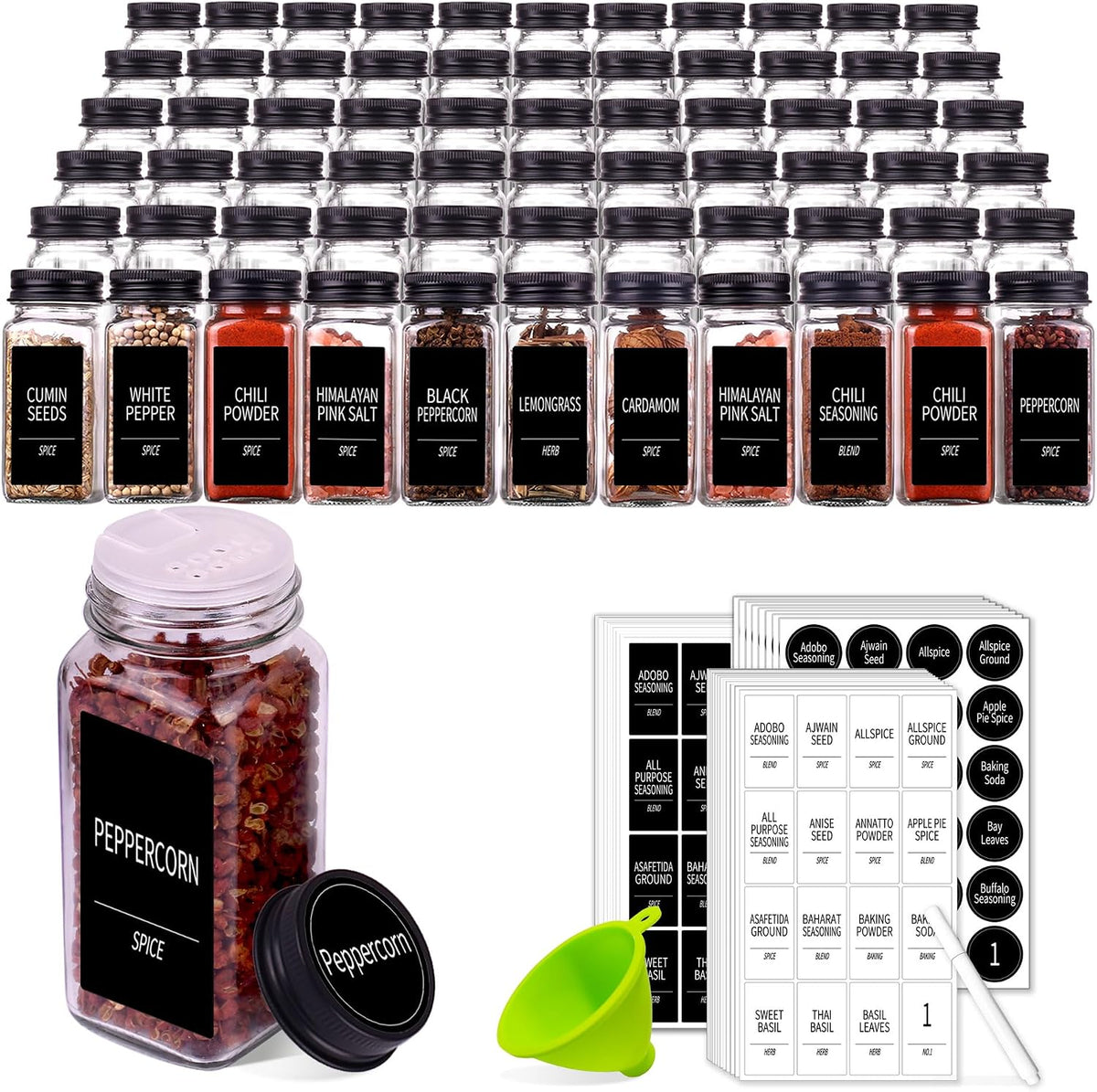 Churboro 66 Spice Jars with 547 Labels- Glass Spice Jars with Black Metal Caps, 4oz Empty Spice Containers with Shaker Lids, Funnel, Chalk Pen, Square Seasoning Bottles for Spice Rack, Drawer, Cabinet