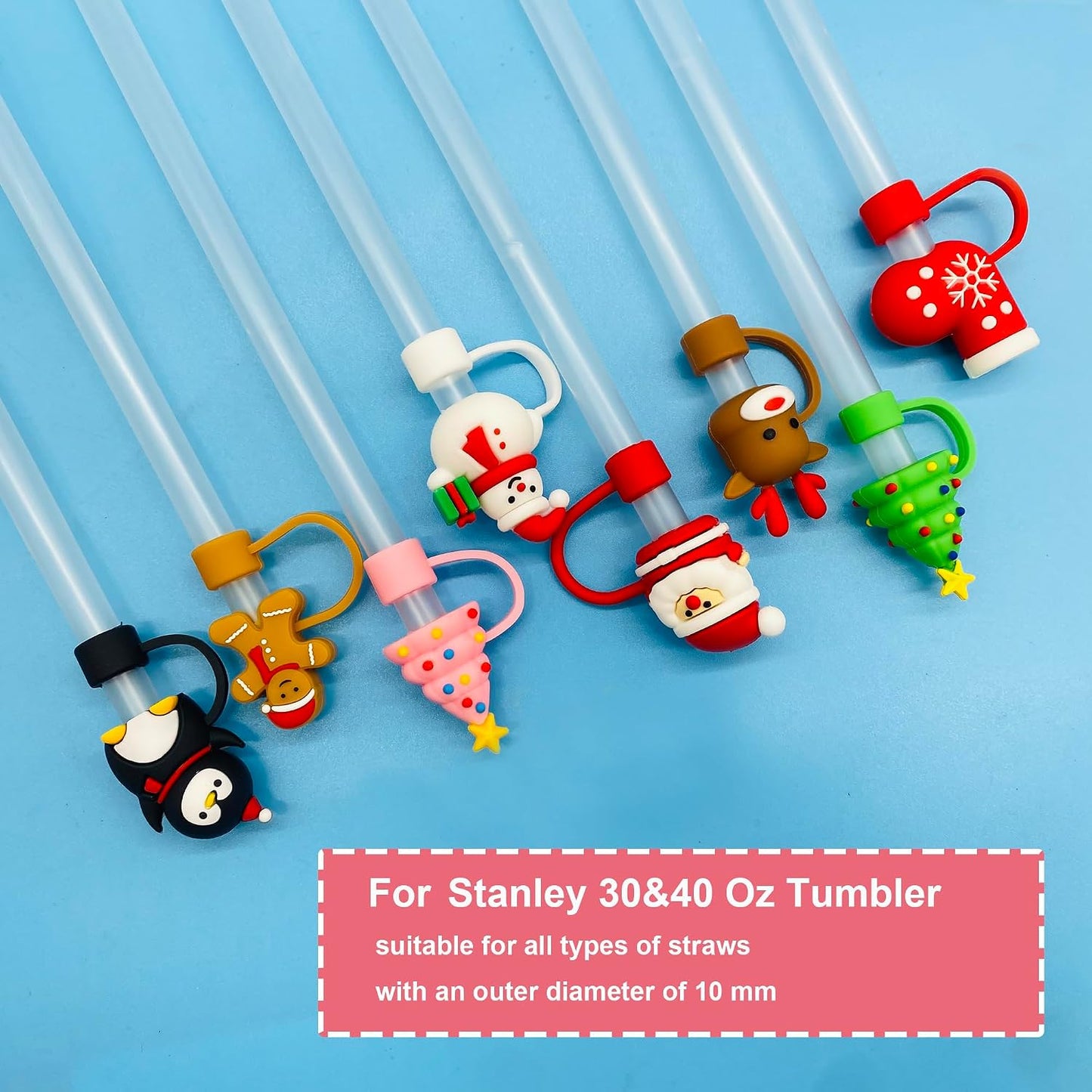 8PCS Christmas Straw Toppers for Stanley Cup Holiday Straw Cover for Stanley 30oz &amp; 40oz Tumbler with Handle,10 mm Silicone Straws Topper Cap for Party Favor