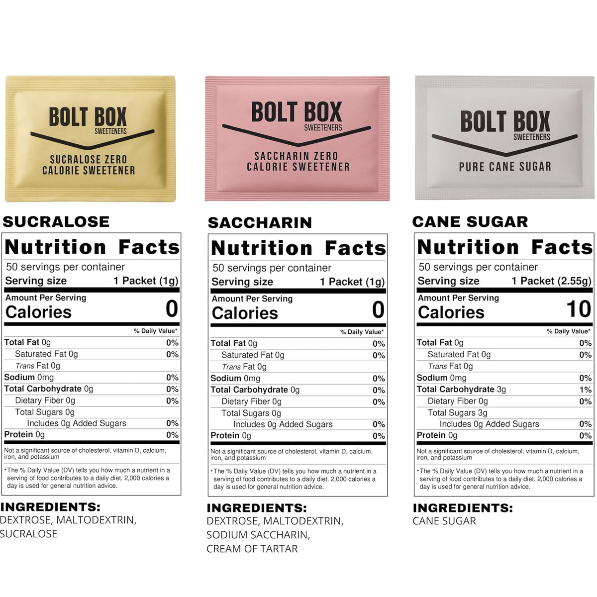 Bolt Box Sugar &amp; Sugar Substitute Packets Variety Pack, 400 Count – Cane Sugar, Saccharin, Sucralose &amp; Stir Straws for Coffee Station, Office Breakroom, Airbnb