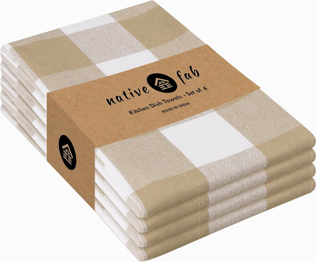 Native Fab 4 Pack Buffalo Check Kitchen Towel 16"x26" - Cotton Dish Towels Washable - Absorbent Tea Towels, Soft Hand Towel with Hanging Loop, Dish Cloth Set - Beige White