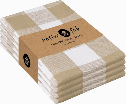 Native Fab 4 Pack Buffalo Check Kitchen Towel 16"x26" - Cotton Dish Towels Washable - Absorbent Tea Towels, Soft Hand Towel with Hanging Loop, Dish Cloth Set - Beige White