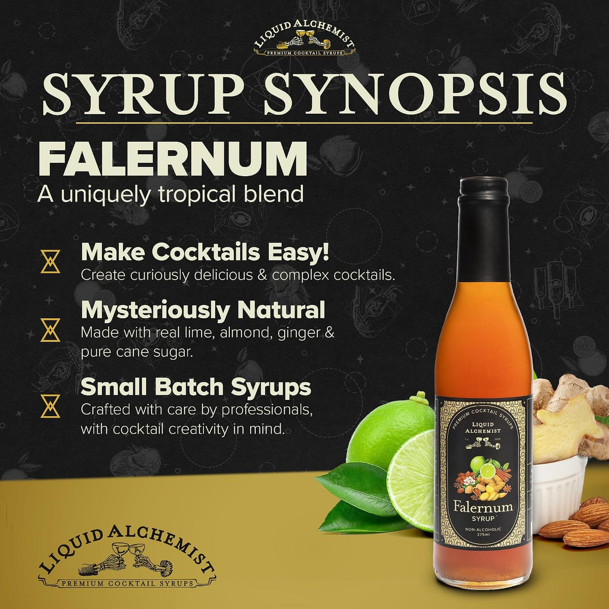Liquid Alchemist Falernum Syrup for Cocktails | Real Ingredients Make our Falernum Cocktail Syrup a Great Mixer for any Tiki Drink | Small Batch, Non-GMO &amp; Vegan | 12.7 oz Drink Mixer, Pack of 1