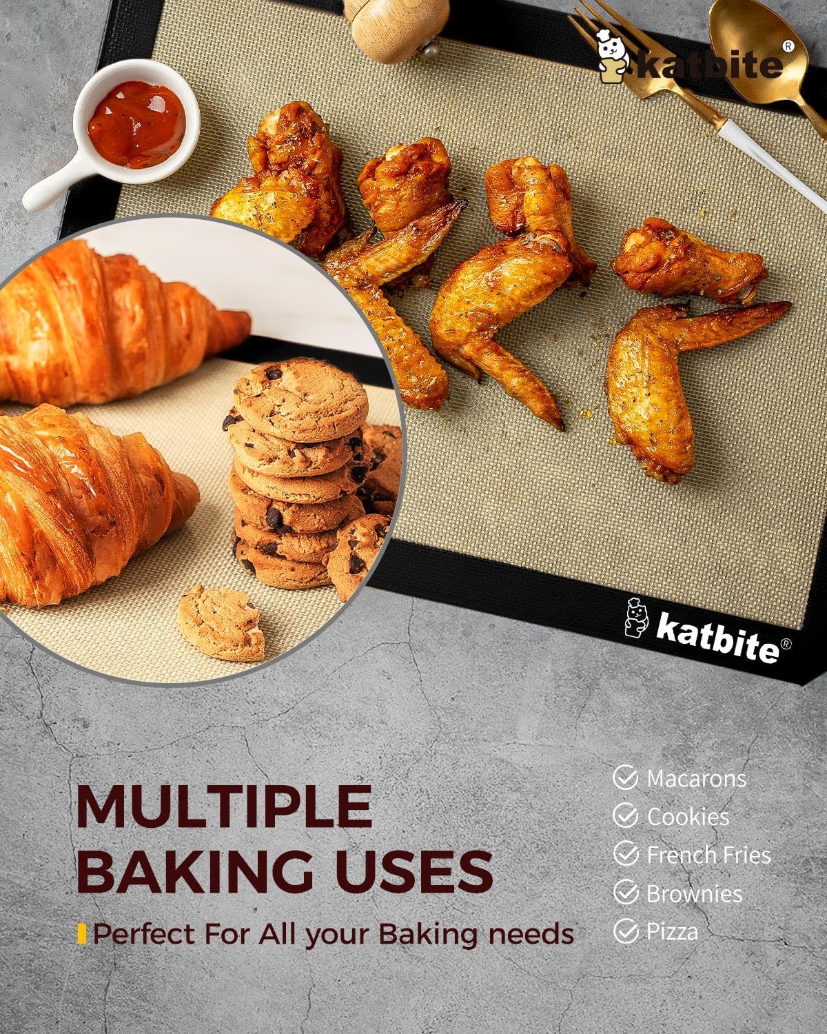 Katbite Silicone Baking Mat Set of 3 Black | 2 Half Sheets Mats + 1 Quarter Baking Sheet, Reusable &amp; Nonstick Bakeware Mats for Cookies, Macarons, Bread