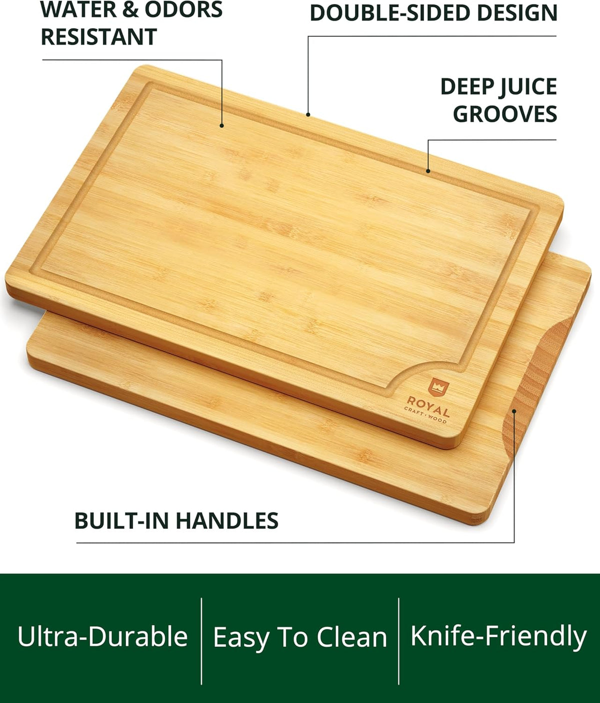 ROYAL CRAFT WOOD Wooden Cutting Boards for Kitchen Meal Prep &amp; Serving - Bamboo Wood Serving Board Set with Deep Juice Groove Side Handles - Charcuterie &amp; Chopping Butcher Block for Meat