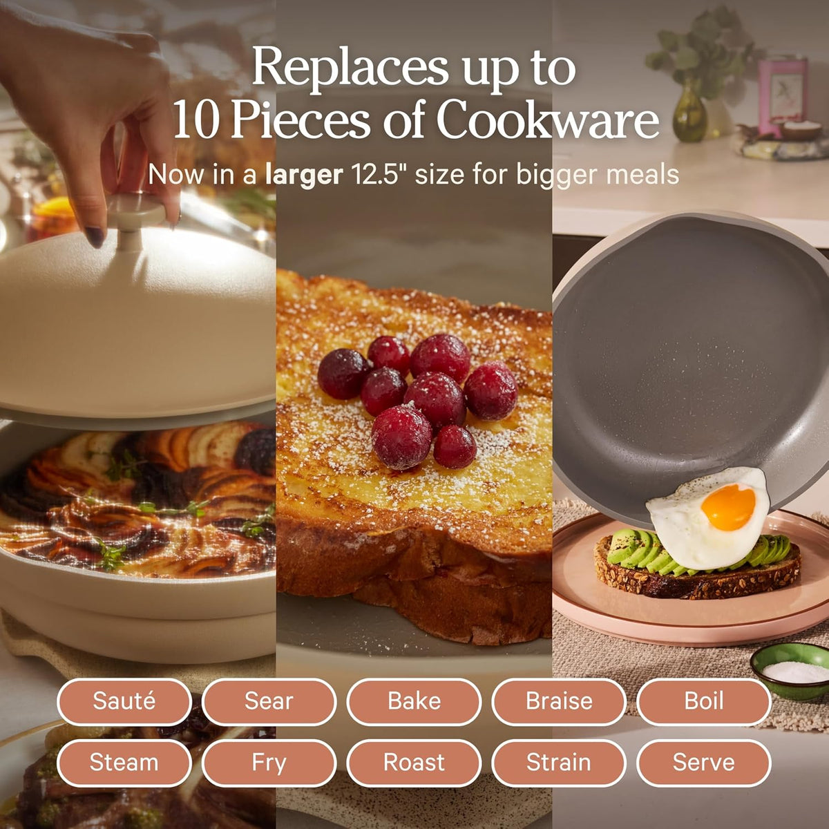 Our Place Large Always Pan 2.0-12.5” (4 Qt) Nonstick, Toxin-Free Ceramic Cookware | Patented 10-in-1 Aluminum Frying & Sauté Pan | Safe for Oven, Induction & All Cooktops up to 450°F | Steam