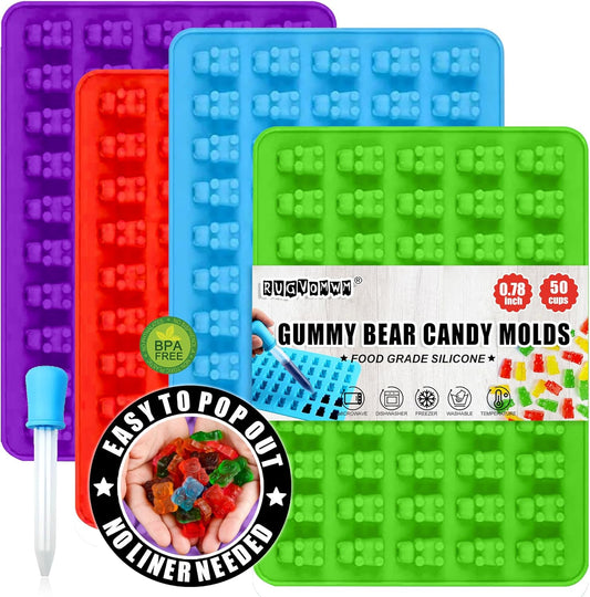 Gummy Bear Silicone Candy Molds - Set of 4 Gummy Bear Mold Trays with Dropper, Fun Making Gummy Bears with Non Stick
