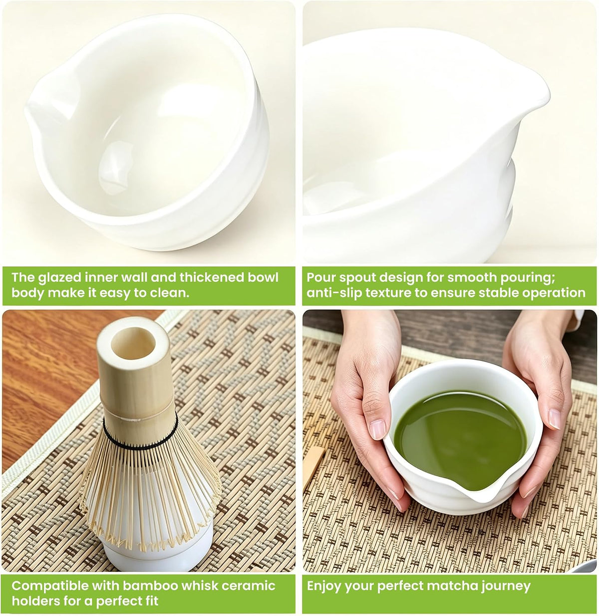 6 Pcs Matcha Set - Matcha Whisk Set &amp; Matcha Bowl Set with Bamboo Scoop, Stainless Steel Sifter, 19 oz Ceramic Pouring Bowl, Matcha Spoon, Whisk Holder - Japanese Tea Ceremony Kit for Gifts (White)