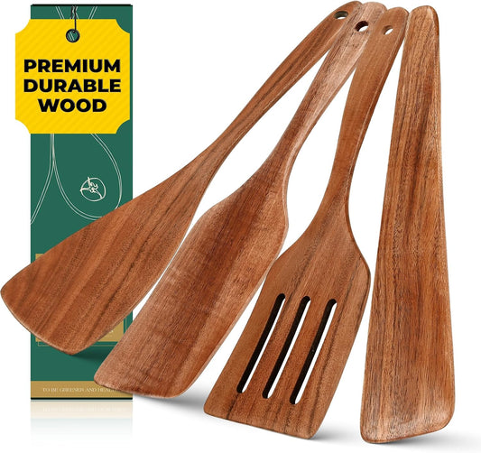AIUHI Premium Teak Wood Spatula Set, 4-Piece Non-Stick Cooking Utensils for Kitchen, Includes Paddle, Turner, Slotted Spatula &amp; Wood Scraper – Durable &amp; Easy to Clean
