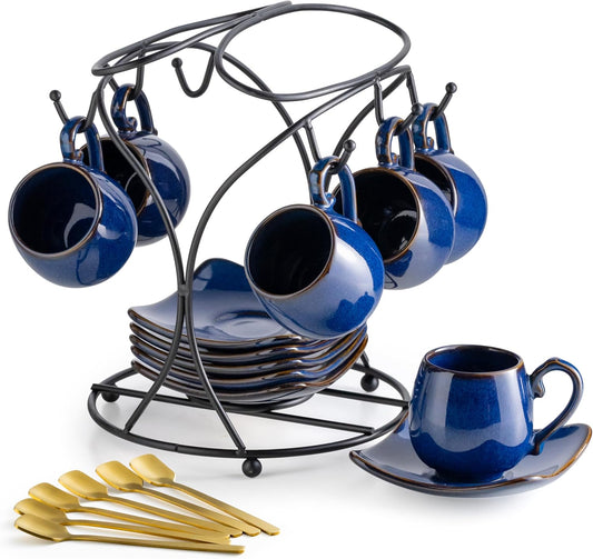 LYEOBOH 3oz Espresso Cups with Saucers, Small Coffee Cups Set of 6 with Spoons and Metal Stand, Ceramic Cute Demitasse Cups