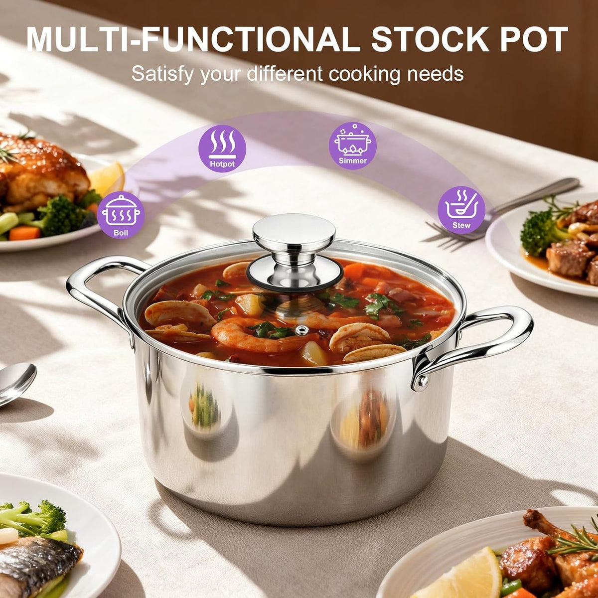 P&P CHEF 5 Quart Tri-Ply Stainless Steel Stock Pot, 5 Qt Stockpot Pasta Cooking Pot with Visible Lid for Soup Vegetable, Induction Cookware for All Stoves, Sturdy & Double Handle, Dishwasher Safe