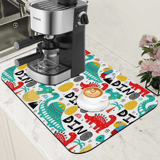 Dinosaur with Palms and Eggs Coffee Mat Absorbent Dish Drying Mat for Kitchen Counter Hide Stain Rubber Backed Coffee Bar