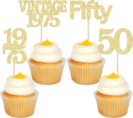 Gyufise 24Pcs 50th Birthday Cupcake Toppers Cheers to 50 Fabulous Fifty Vintage 1975 Cupcake Picks 50th Birthday Wedding