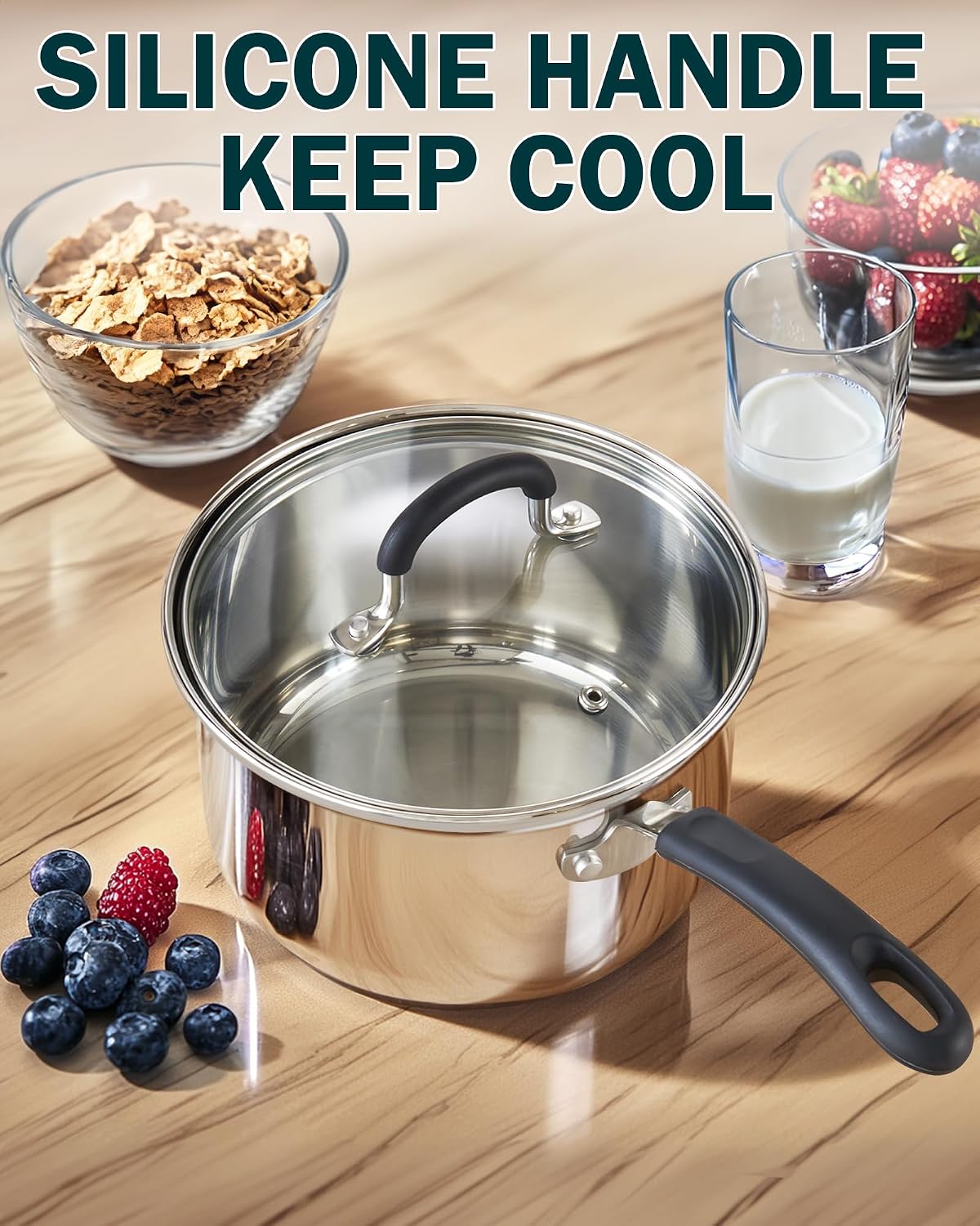 Cook N Home Saucepan Set Sauce Pot With Lid 1QT and 2QT Stainless Steel, Stay Cool Handle, silver