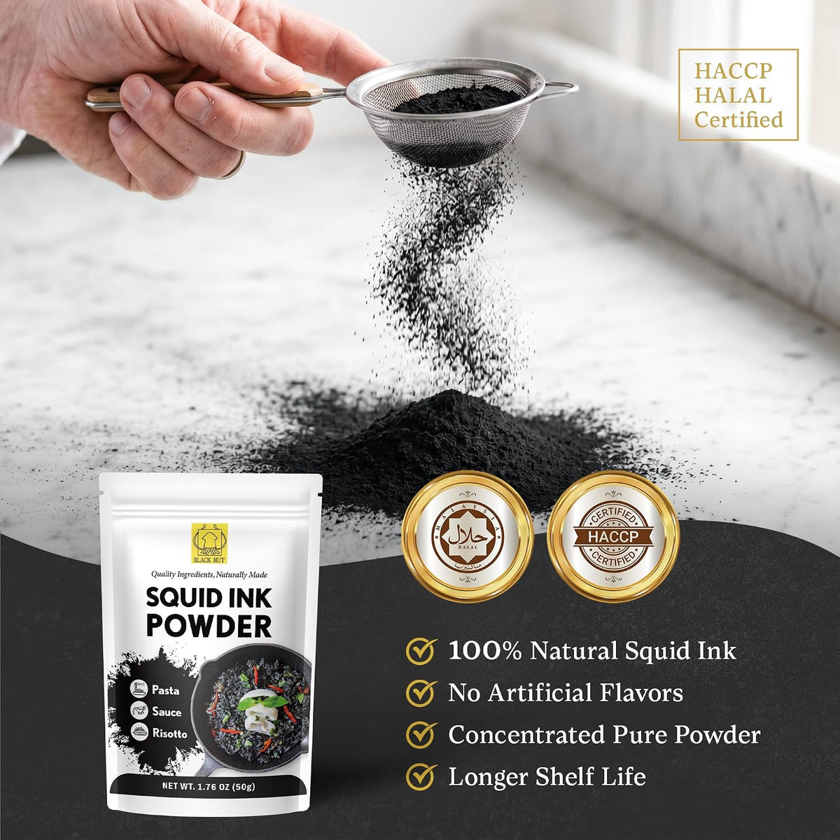 Black Hut Squid Ink Powder for Cooking, Black Food Coloring, 1.76oz, 3 Pack | Coloring Powder for Rice Noodles Pasta Spaghetti Risotto, Squid Ink for Cooking, Halal Certificate
