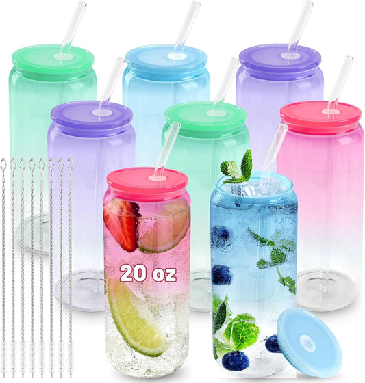Joyclub 20oz Glass Cups with Acrylic Lids and Straws 8 Set Can Shaped Glass Iced Coffee Cups with Lids, Gradient Drinking