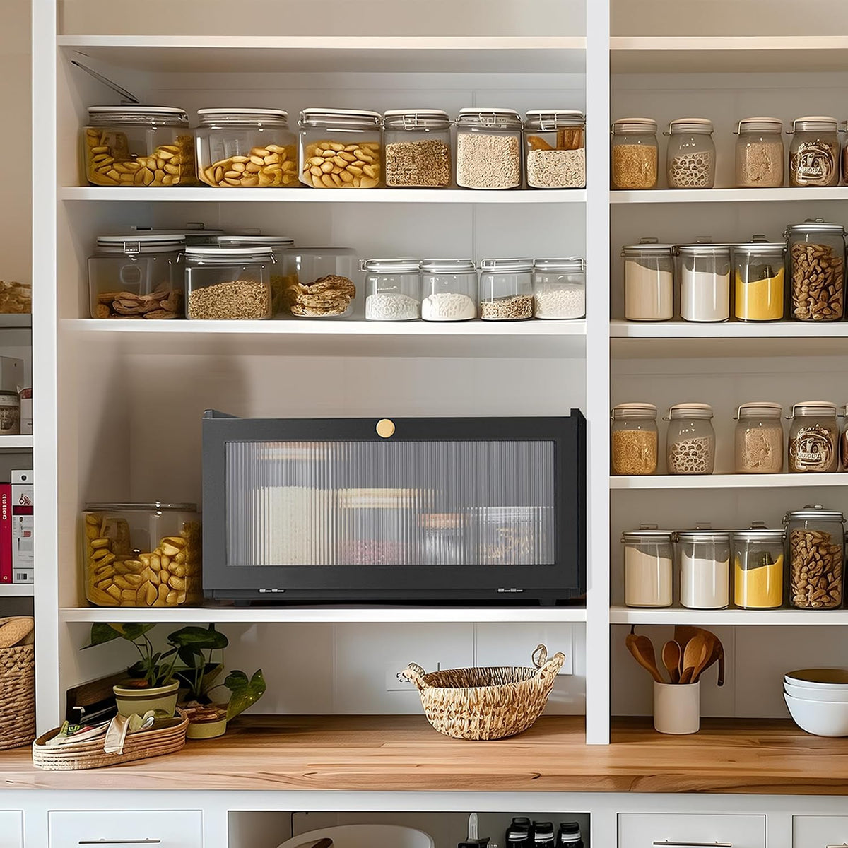 Black Bread Box for Kitchen Countertop-Large Modern bamboo Bread box with Window Bread Storage Container