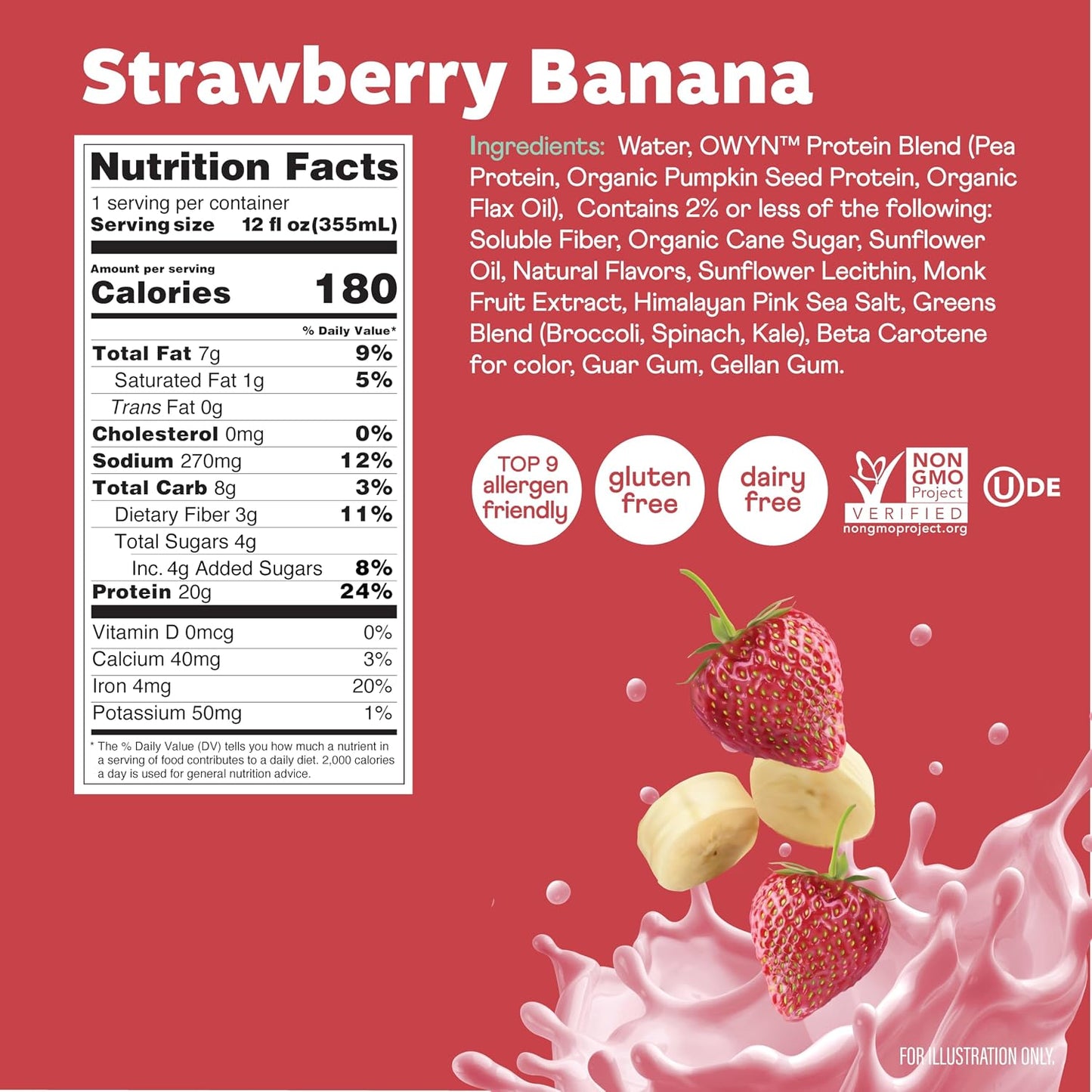 OWYN Only What You Need Strawberry Banana Flavored 20g Protein Shake, 12 Ct
