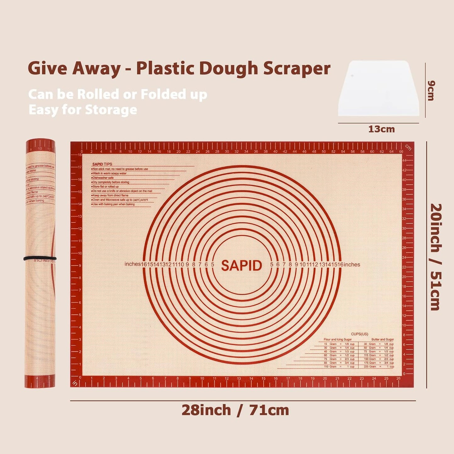 Sapid Thick Silicone Pastry Mat Baking Dough Rolling Extra Large 20" x 28" | Non-slip with Measurements for Non-stick Dough Rolling, Pie Crust, Kneading Mats, Countertop, Placement Mats (Red)