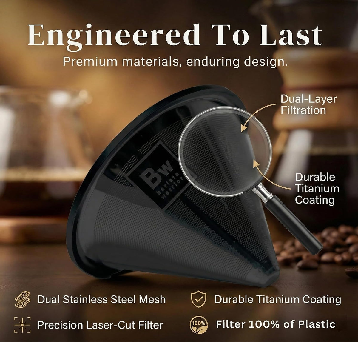 Barista Warrior Reusable Coffee Filter, Pour Over Dripper, Black