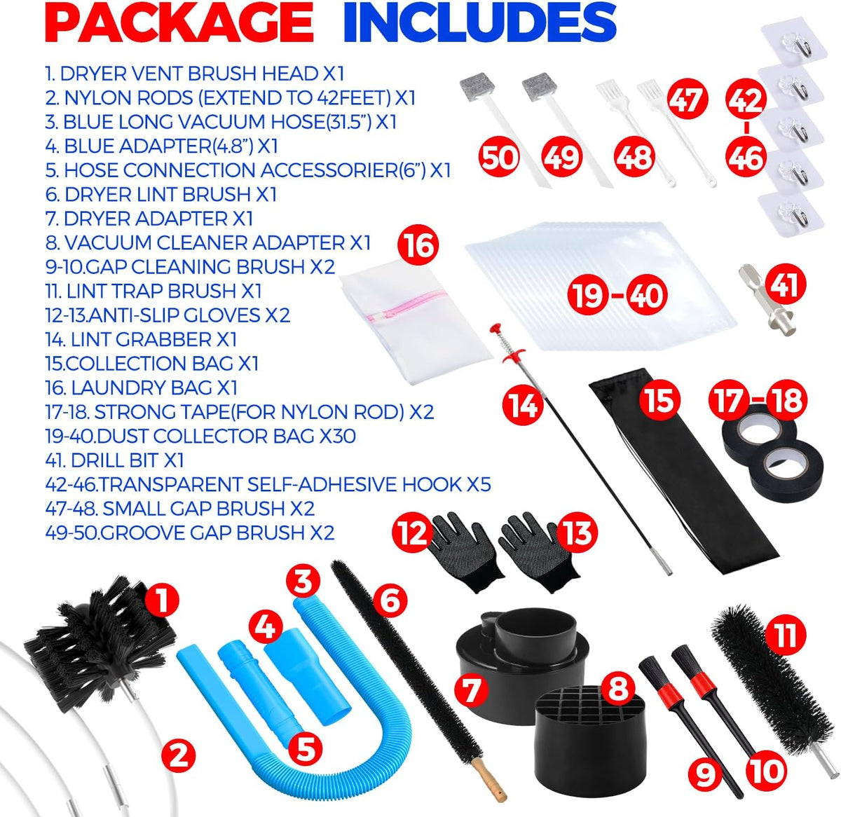 Holikme 42FT Dryer Vent Cleaner Kit 50Pcs - Lint Remover Brush Vacuum Tools