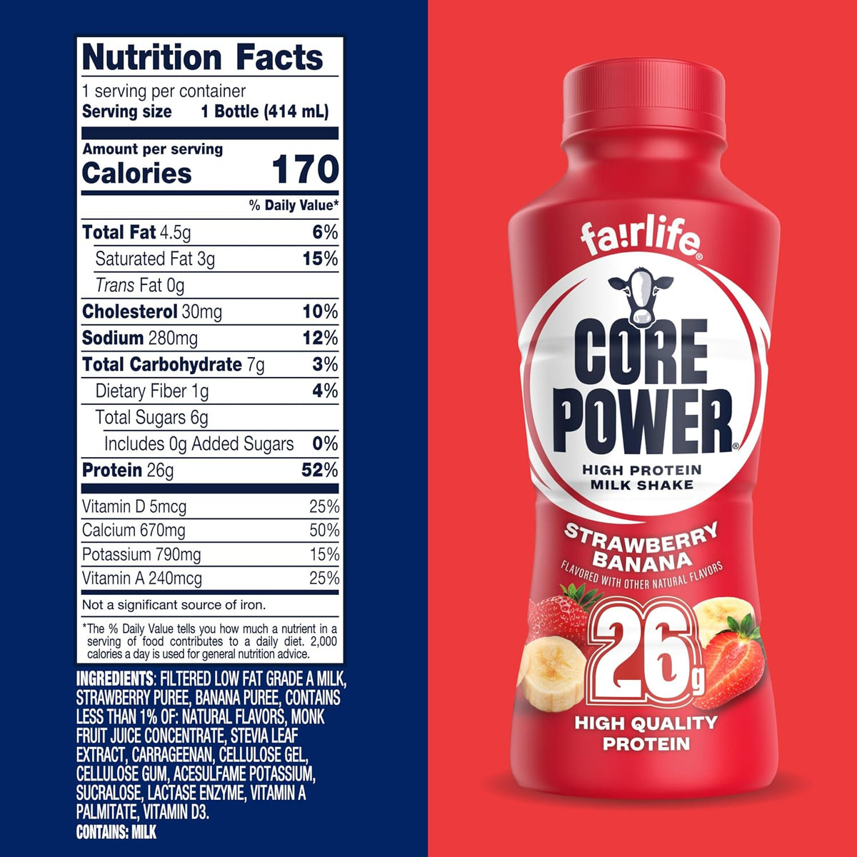 Core Power Fairlife 26g Protein Milk Shakes, Ready To Drink for Workout Recovery, Strawberry Banana, 14 Fl Oz (Pack of 12)