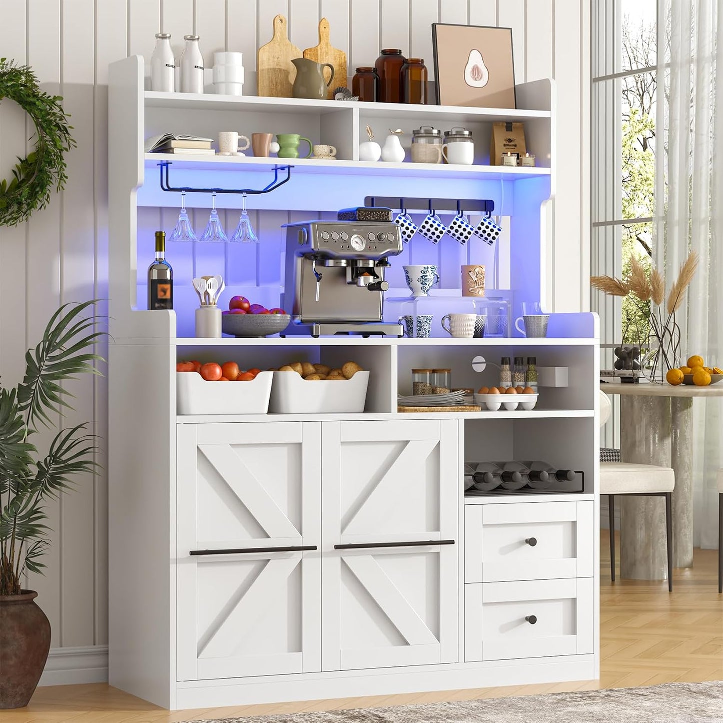 VVFLU Hutch Storage Buffet Cabinet with Drawers, and Charging Station, Coffee Bar Cabinet with Barn Doors, Wine Rack and Hooks, White Wood Sideboard Buffet for Kitchen, Dining Room, 54.5" High