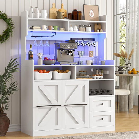 VVFLU Hutch Storage Buffet Cabinet with Drawers, and Charging Station, Coffee Bar Cabinet with Barn Doors, Wine Rack and Hooks, White Wood Sideboard Buffet for Kitchen, Dining Room, 54.5" High