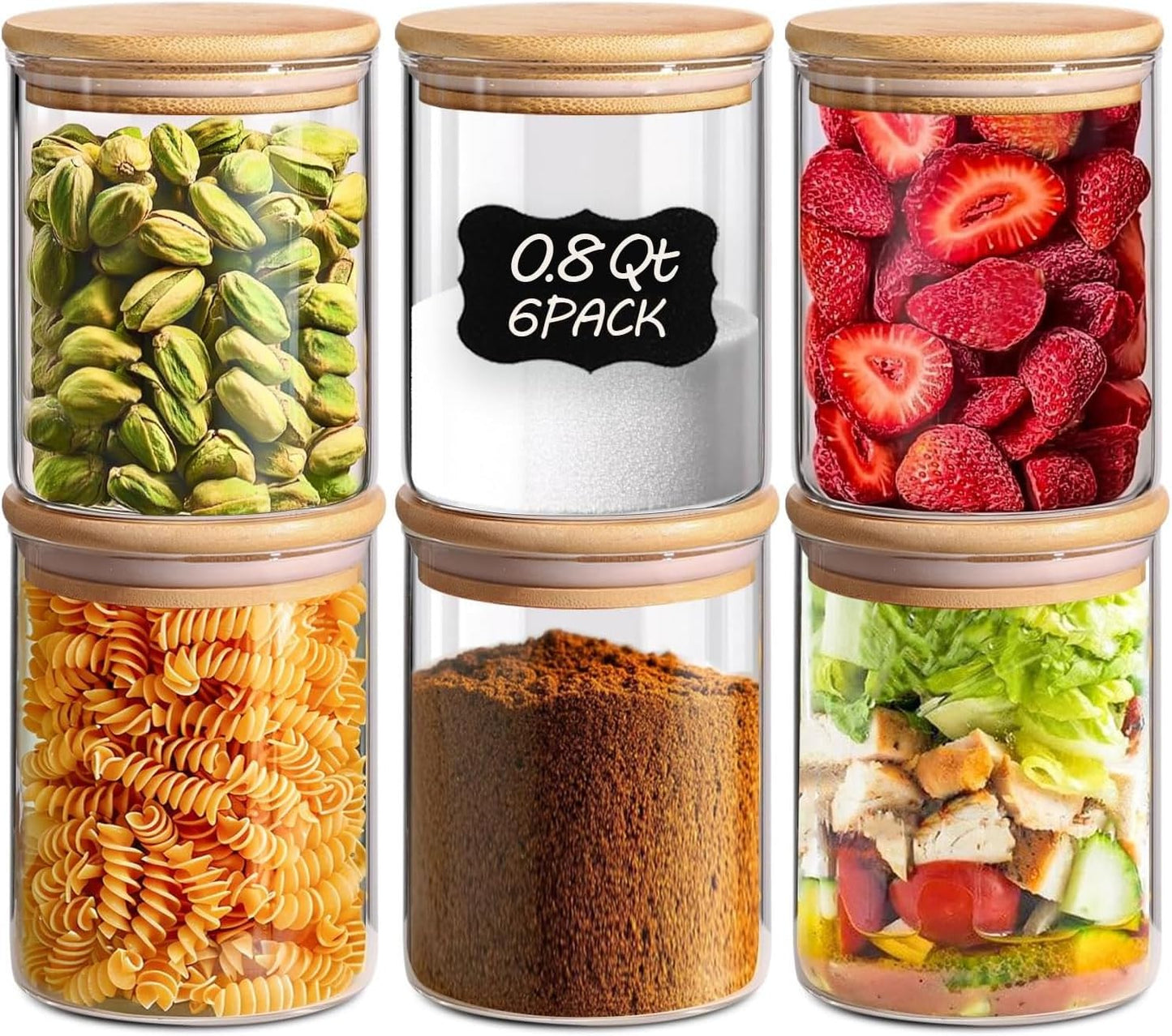 ComSaf 0.8 Qt Glass Food Storage Jars Set of 6, Clear Glass Storage Containers with Lids, Pantry Org