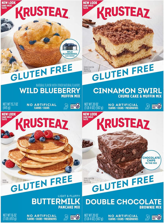 Krusteaz Gluten Free Mix Variety Pack: Blueberry Muffin, Cinnamon Crumb Cake, Double Chocolate Brownie and Pancake Mix