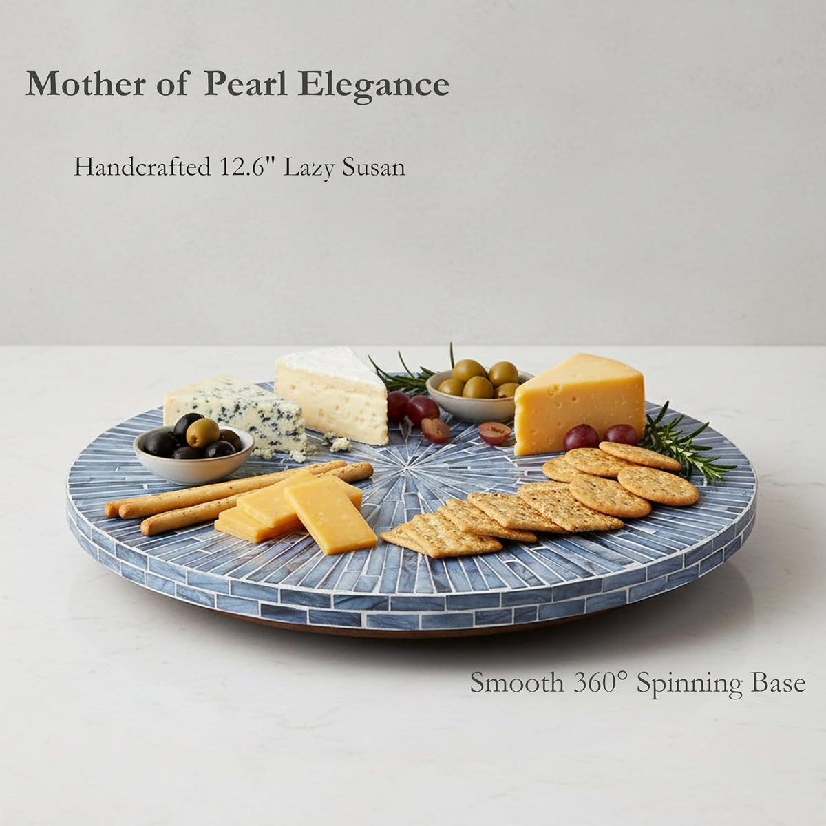 PEMAR 12.6” Handcrafted Mother of Pearl Blue Starburst Lazy Susan – Rotating Centerpiece for Dining Table, Elegant Beach House &amp; Farmhouse Home Décor, Luxury Hostess &amp; Housewarming Gift