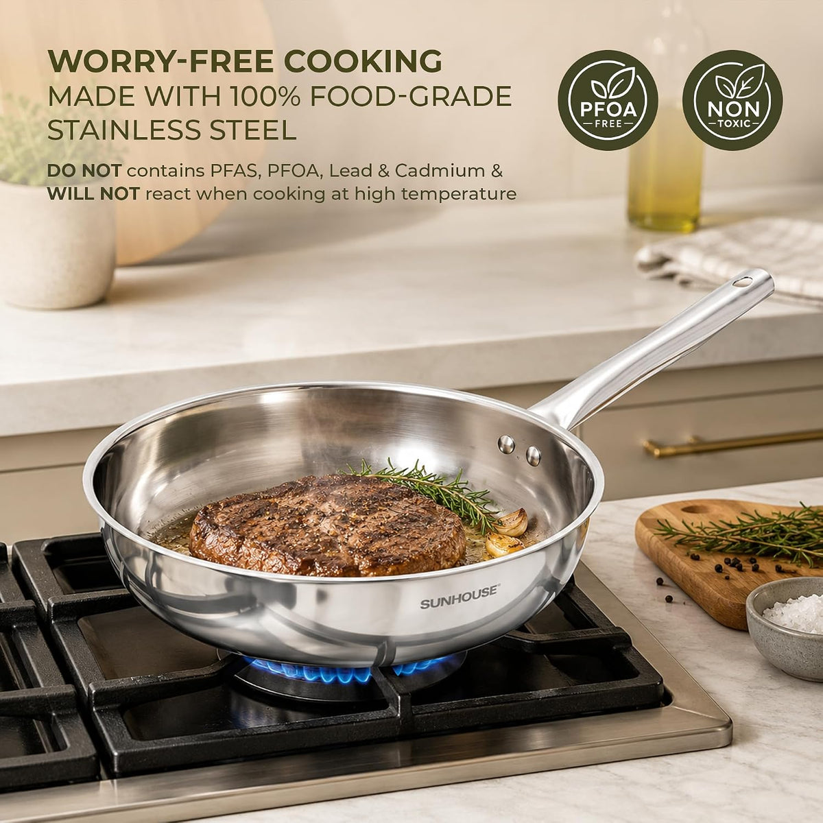 Sunhouse 18/10 9 Inch Stainless Steel Frying Pan, Whole-Clad No Coatings Skillet with Stay-cool Handle for Cooking, Durable & Oven Safe to 500°F, Dishwasher Safe, Compatible with All Cooktops