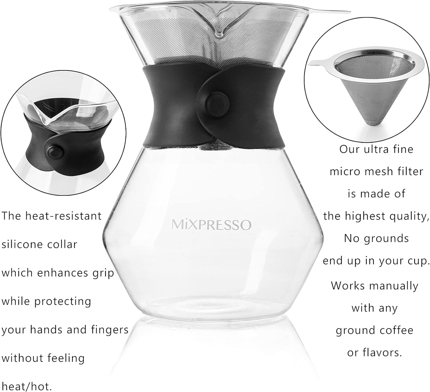 Mixpresso Pour Over Coffee Maker, Glass Carafe with Coffee Dripper, 13.5 Oz | Reusable Stainless Steel Filter with Protective Silicone Sleeve for Manual Pour Over Coffee Brewing, Easy to Clean