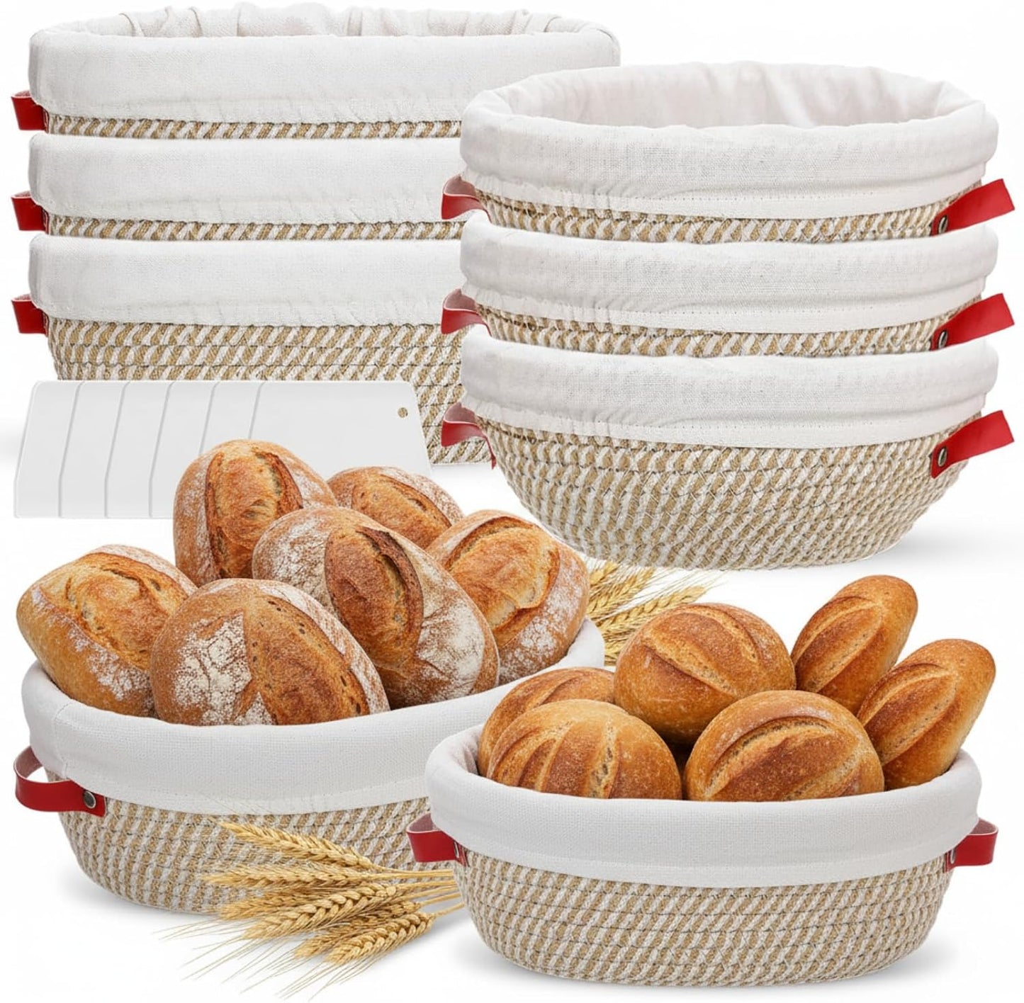 Gejoy 6 Set Cotton Rope Banneton Bread Proofing Basket with Cloth Liner and Plastic Scraper Banneton Dough Sourdough Proofing Bowls Kit for Home Sourdough Bakers (Round, Oval, 9'', 10'')