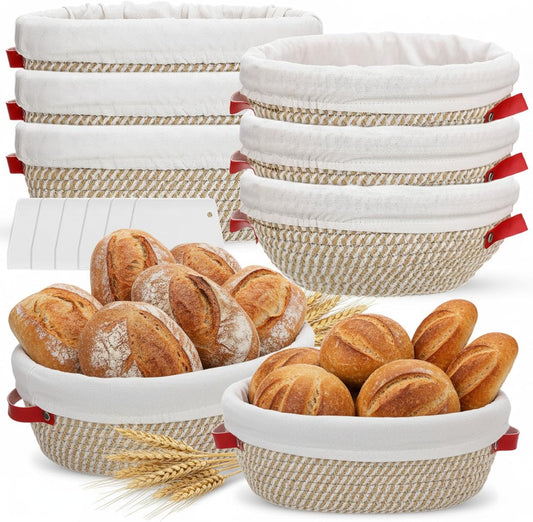 Gejoy 6 Set Cotton Rope Banneton Bread Proofing Basket with Cloth Liner and Plastic Scraper Banneton Dough Sourdough Proofing