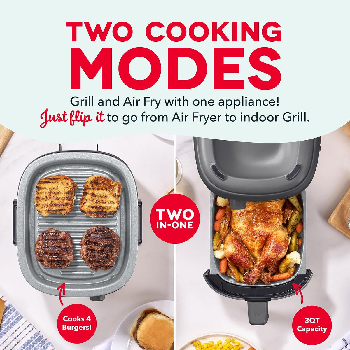 DASH Flip & Fry 2-in-1 Grill + Air Fryer, 3 QT