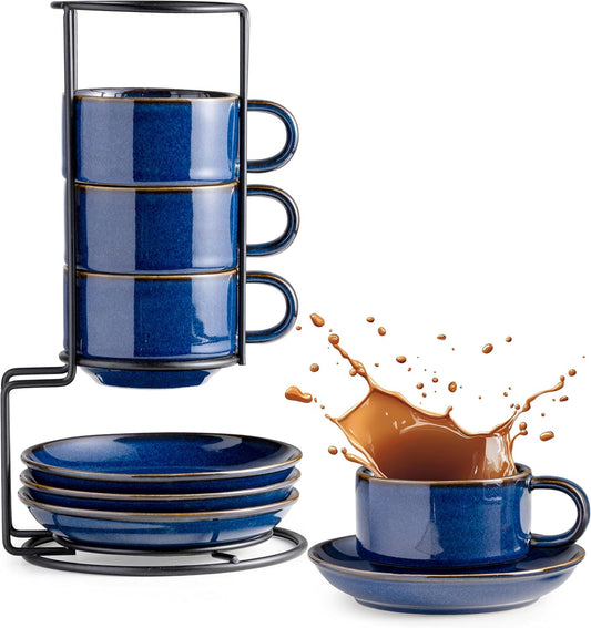 Gomakren 6 Ounce Cappuccino Cups with Saucers and Metal Stand, Stackable Coffee Cup Set of 4, Porcelain Espresso Cups for