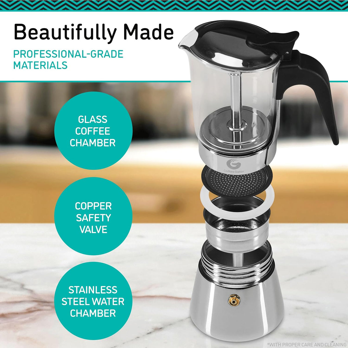 Coffee Gator 4 Cup Moka Pot, 6.7oz Stovetop Espresso Maker