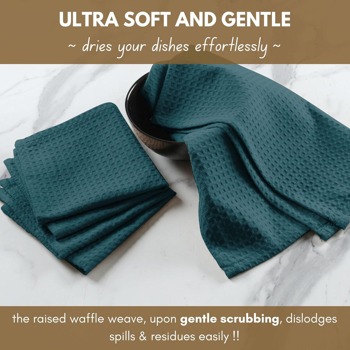 Native Fab 6 Pack Waffle Dish Cloths - 100% Cotton Absorbent, Quick Drying &amp; Soft Towels for Cleaning, Cooking &amp; Baking - Ideal for Home, Restaurants &amp; Cafes - 12x12 Inches - Teal Green