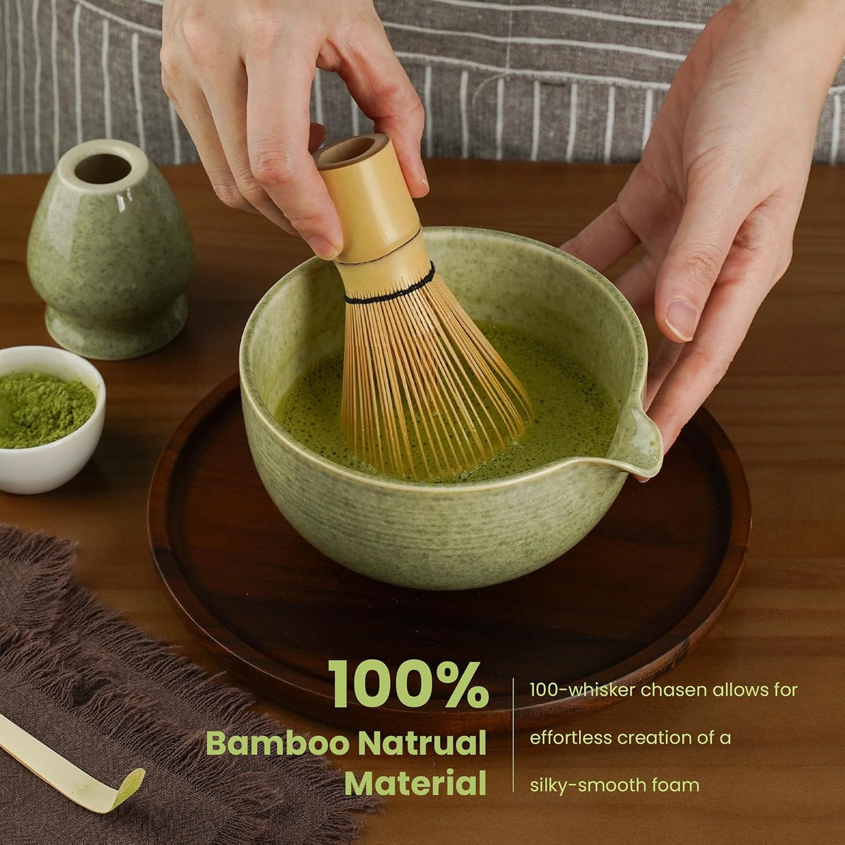 Matcha Whisk Set, Ceramic Bowl Matcha Kit &amp; Handcrafted Bamboo Chasen | Complete 5 Pcs Matcha Set Whisk and Bowl, Stainless Steel Sifter, Bamboo Scoop &amp; Holder for Matcha Lovers(Mottled Green)